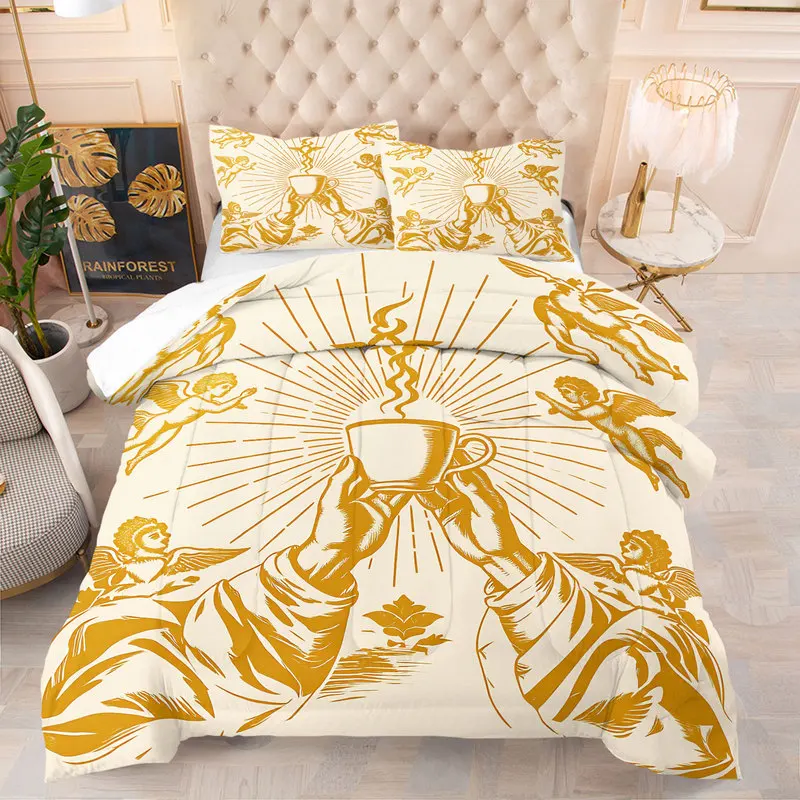 Unique Sacred Coffee Comforter Set Golden Sunburst Angel Hands Holding Coffee Cup Print Quilt Set Retro Bedding Set Home Decor