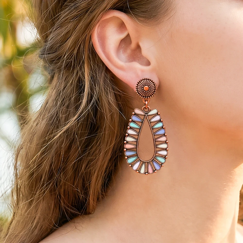 Bohemian-Style Vintage Bronze Teardrop Earrings Featuring Macaron-Colored Enamel Design Ladies' Jewelry for Parties andVacations