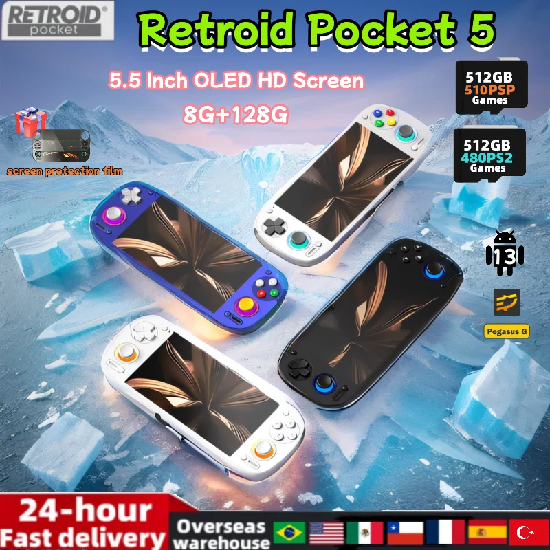 Retroid Pocket 5 RP5 Retro Handheld Game Console Video Player Console 5.5 Inch OLED Touch Screen 8+128G Android13 Wifi PSP PS2