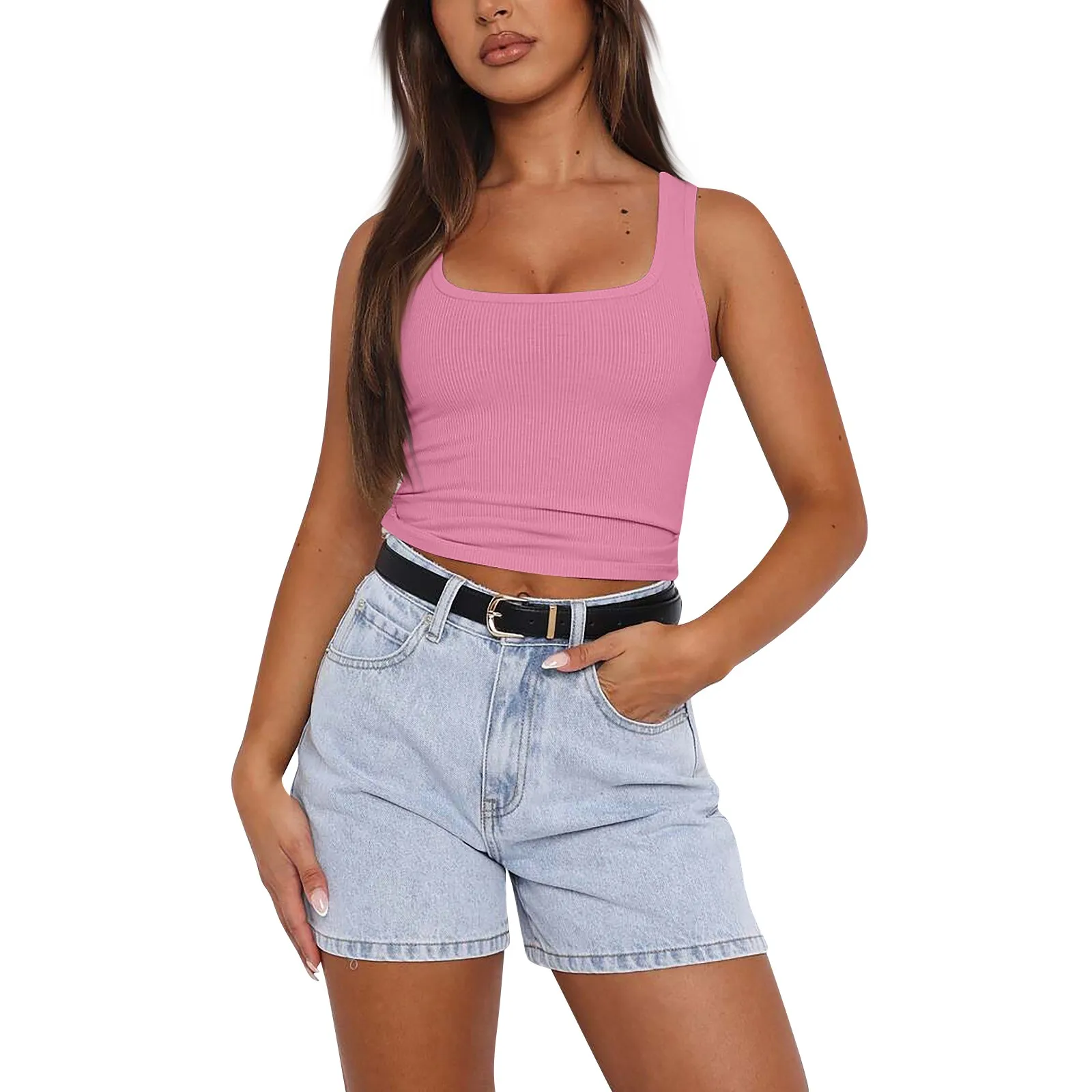 Summer New Sleeveless Waffle Elegant Women's Vest Solid Color Sexy Waist Tank Top Casual Tethered Shorts Female's Camisole Vest