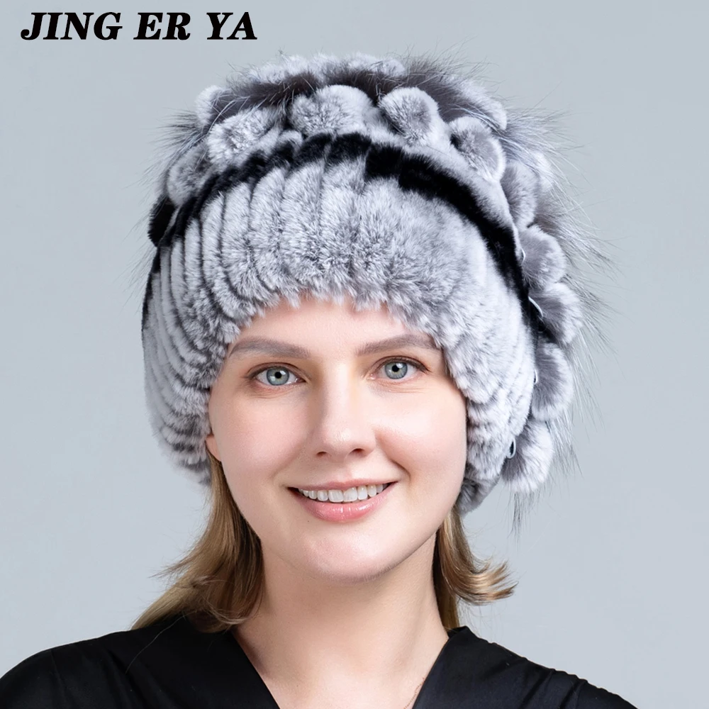 JERYAFUR Winter Women\'s Warm Fashion Beanie Knitted Hat Real Rex Rabbit Fur Hat Knitted with Side Flower Russia Hat