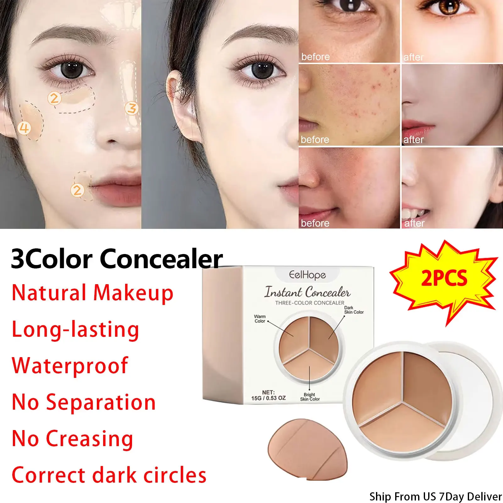 2PCS 3color Concealer Palette Correct Dark Circles Spots Concealer Waterproof No Creasing/Separation Long-lasting Natural Makeup