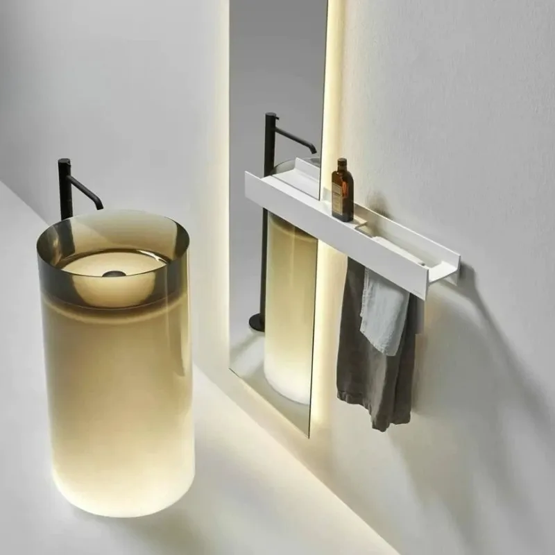 Pink transparent resin luminous floor-to-ceiling hand washing column basin