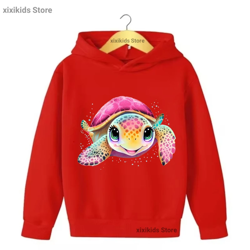 New Sea Turtles Printed Cap Hoodies Funny Kids Clothes Gray/Red/Black Sweatshirt Spring/Autumn/ Winter Plus Velvet Coat Tops