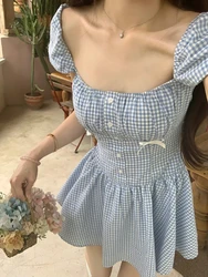 2024 Summer New Fresh and Age Reducing Blue Checkered Short Skirt Sweet Slim Fit Wrapped Waist Bubble Sleeve Dress