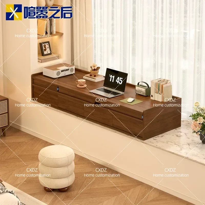 Solid Wood Bay Window Cabinet with Integrated Retractable Desk Antique Style Window Sill Storage Unit Space Saving Locker