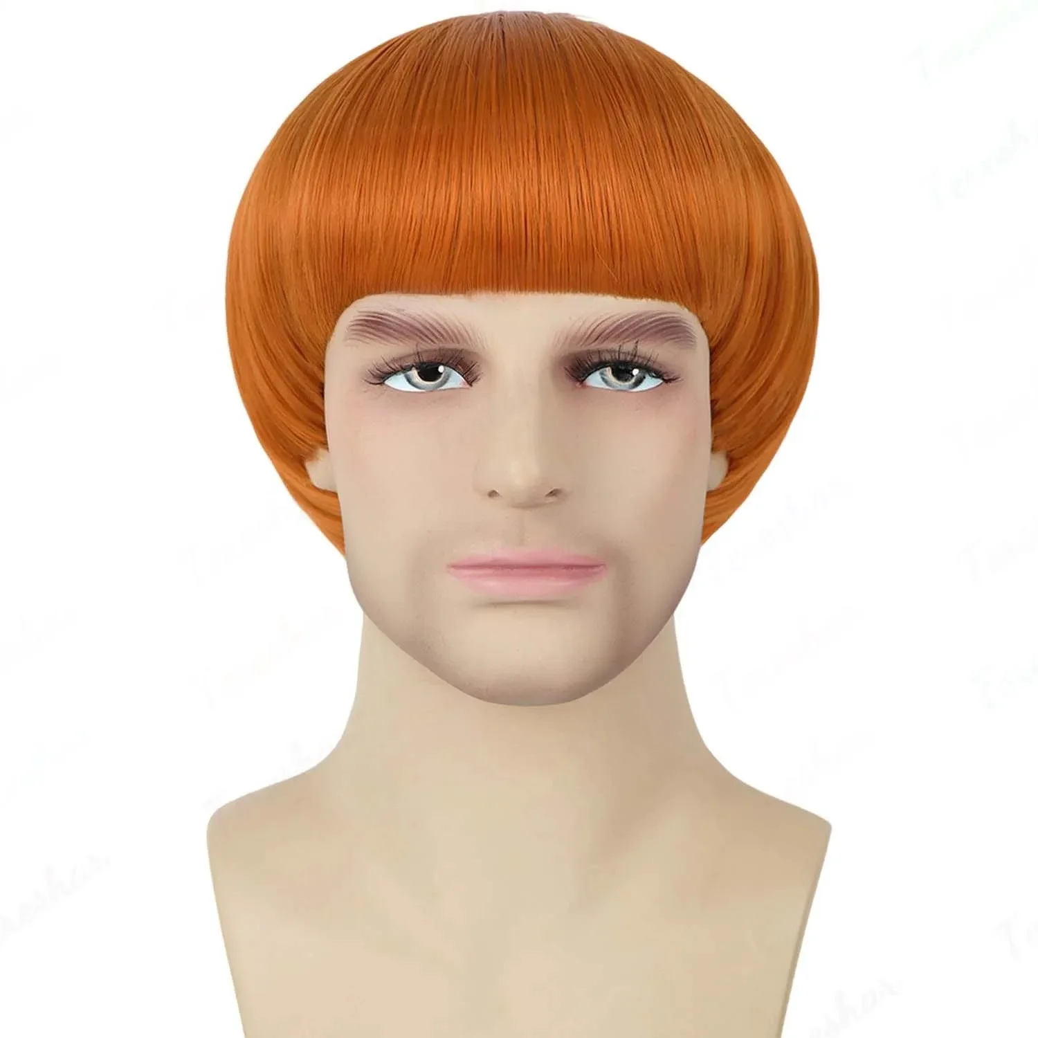 

Synthetic Short Straight Ginger Orange Bowl Cut Wig with Bangs for Men, Colorful 60s style Cosplay Mushroom Wig for Halloween