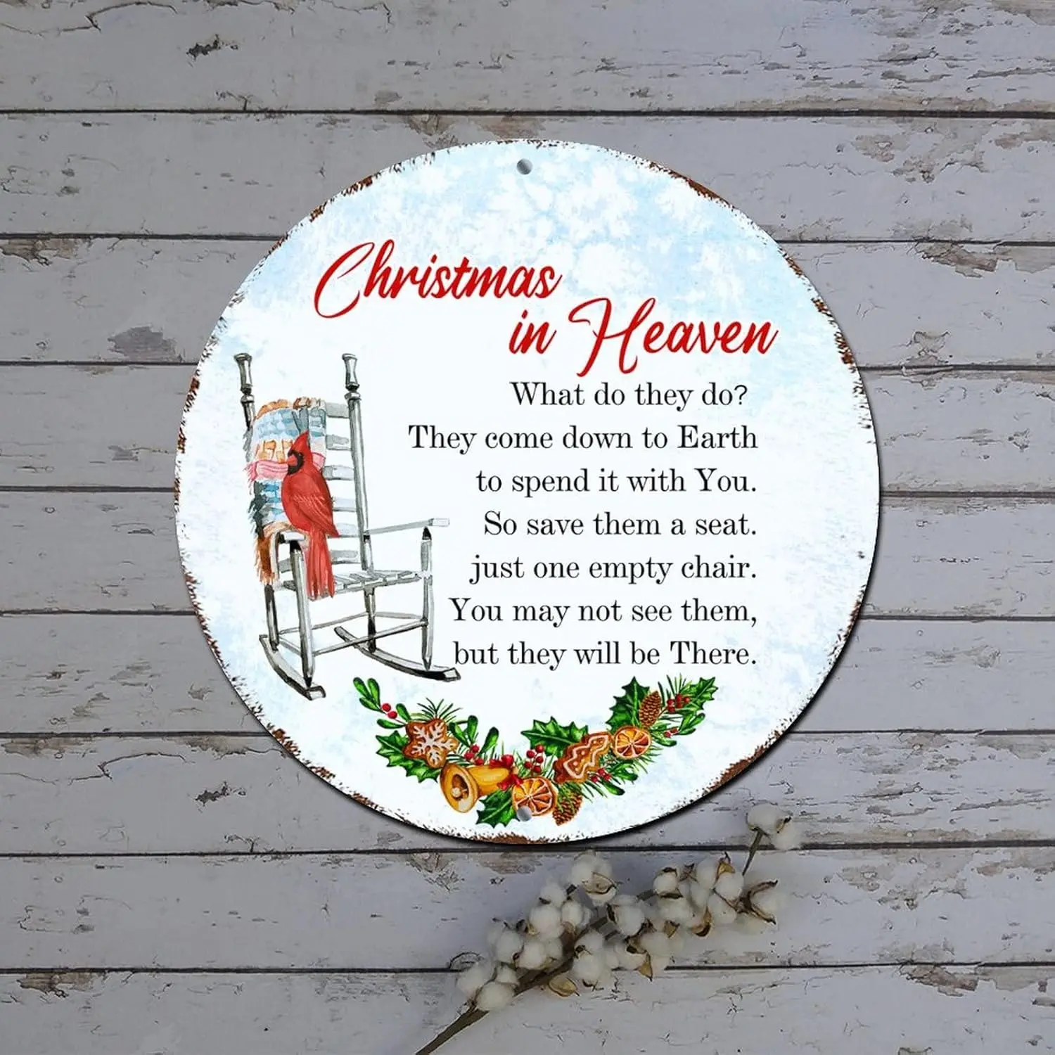 Merry Christmas Wreath Sign Christmas in Heaven Cardinalis Quote Round Metal Tin Sign Christmas Hanging Decorations Outdoor Dist