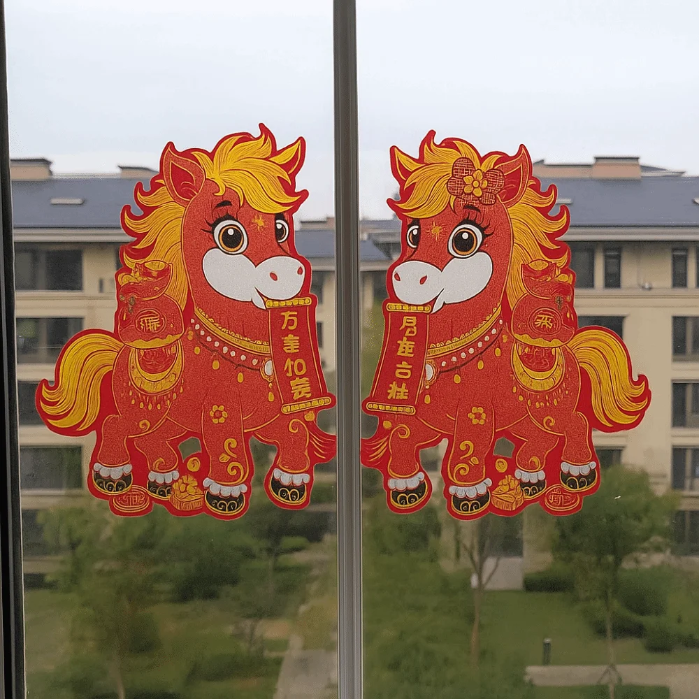 1 زوج الكرتون ثلاثية الأبعاد الحصان العام الباب ملصق يتدفقون ذاتية اللصق الباب زوجين بريق زودياك الحصان النوافذ الشارات 2026 السنة الجديدة #2