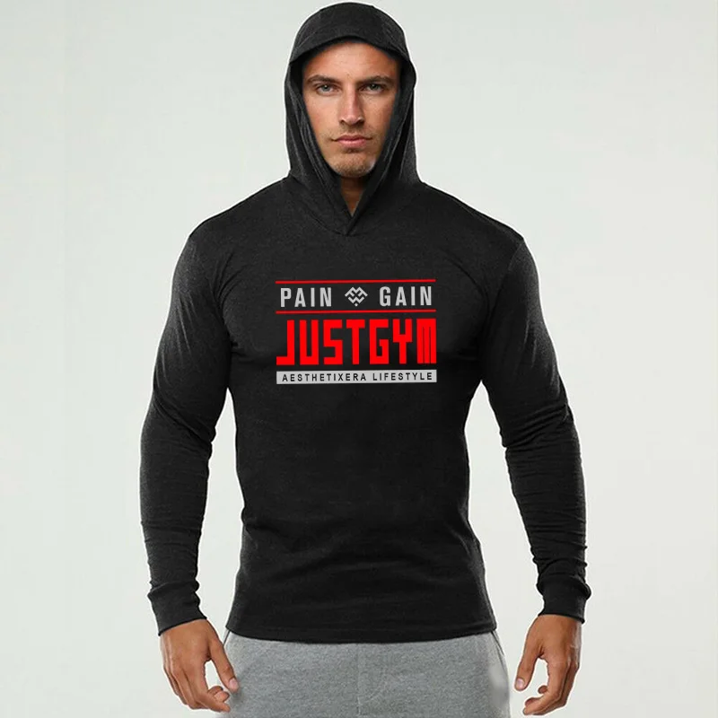 Muscleguys Fitness Hooded Long Sleeve T Shirt Men Workout Cotton Slim Fit Bodybuilding T-Shirt Male Gym Workout Jogger Clothing