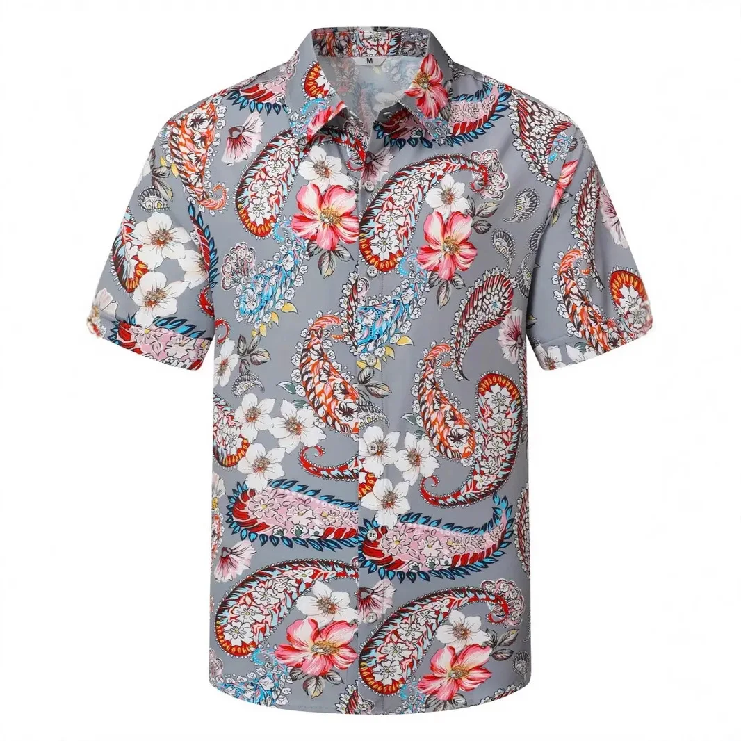 Fresh Cartoon Tropical Island Palm Flower Coconut Wine Pattern Short Sleeved Breathable Loose Shirt
