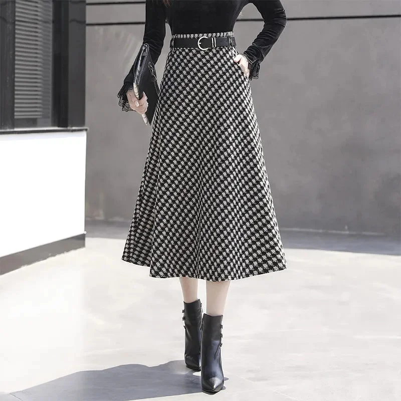 Spring Autumn Mid-Long Big Swing Skirt 2026 New Loose Women's Clothes High Waist A Word Skirt Fashion Houndstooth Female Dress