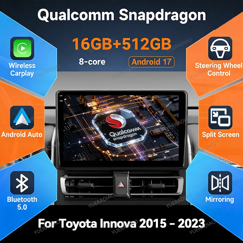 Android 17 Car Radio For Toyota Innova 2 2015 - 2023 Multimedia Video Player Qualcomm QLED Head Unit 2DIN GPS NAVI BT 4G WIFI