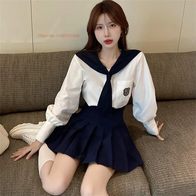 2024 full sleeve japanese school uniform girl sailor dress pleated skirt uniform college style school daily two-piece jk set