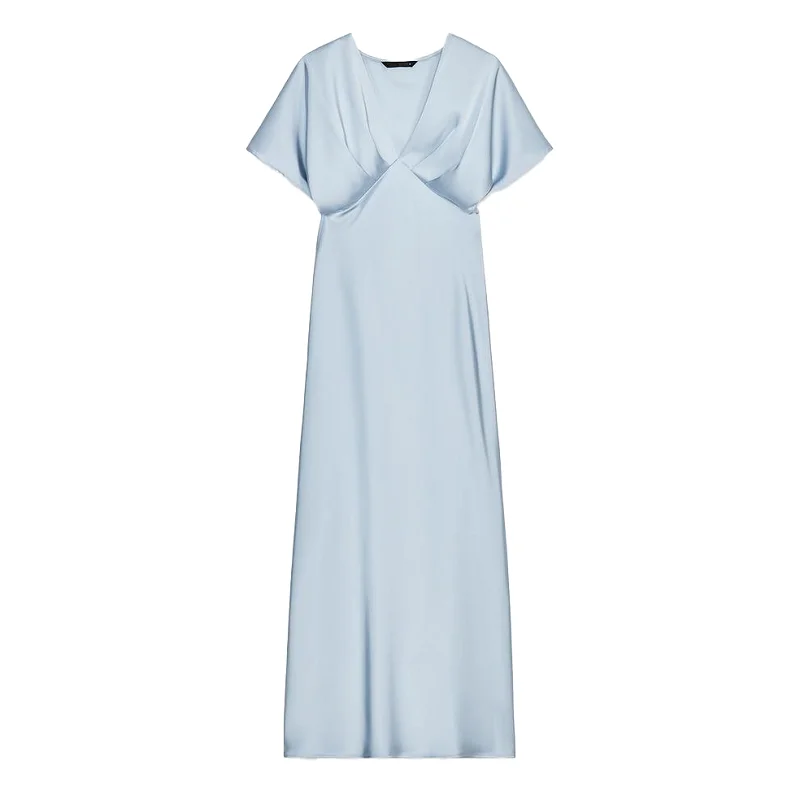 MUJER 2025 Satin Long Dress Woman Black Draped Midi Dresses for Women Elegant Party Women Dresses Short Sleeve Chic Female Dress