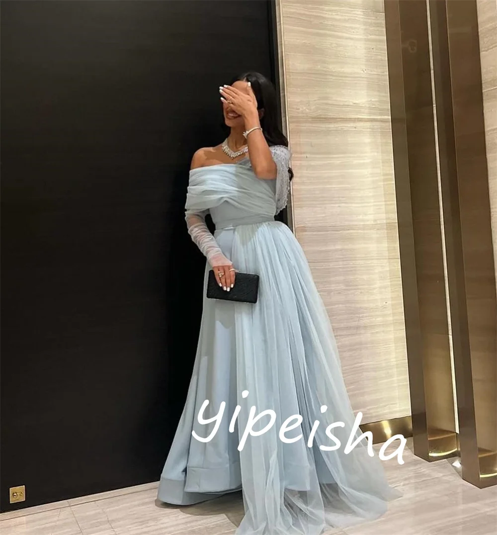 Customized Jersey Pleat Evening A-line Off-the-shoulder Bespoke Occasion Gown Long Dresses