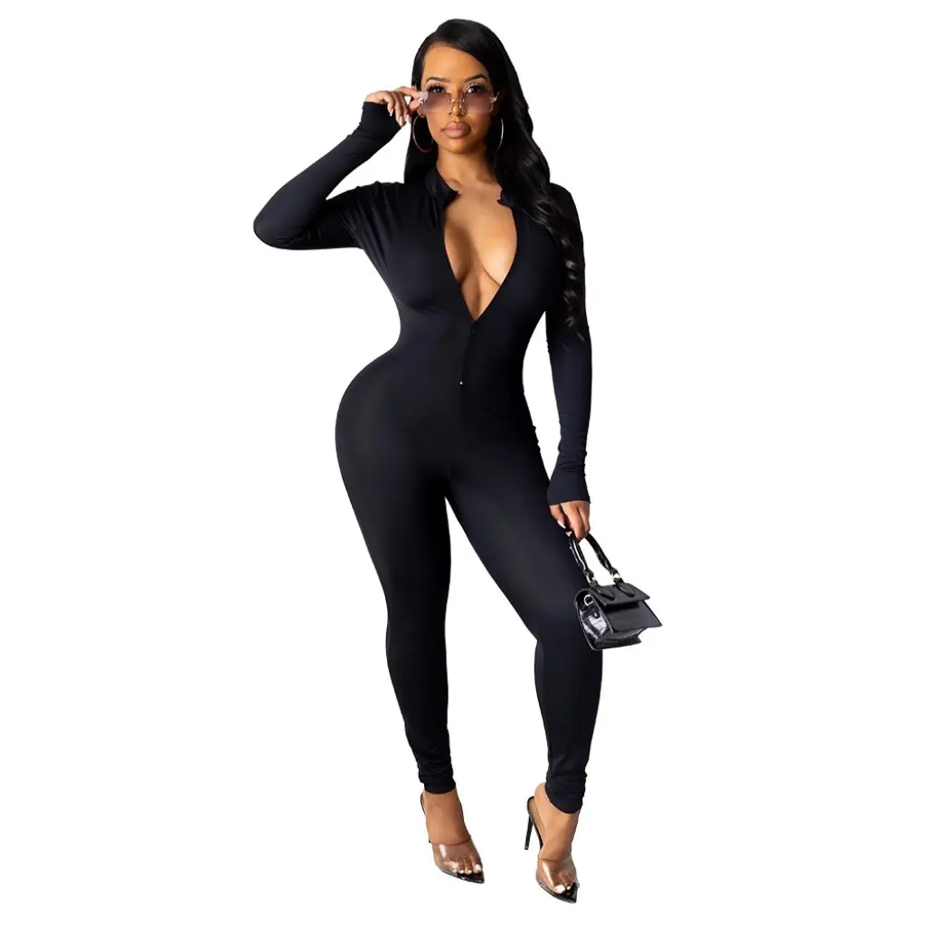 

MM2134 Women's Slim Fit Leggings Solid Color Zipper Long Sleeve Sexy One-Piece Pants European American Style