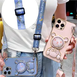 Luxury Bear Strap  Holder Plating Case For  iPhone 14 11 12 13 Pro Max 13 12 Mini 8 7 6 6S Plus 10 X Xr Xs Max SE 2020 Cover