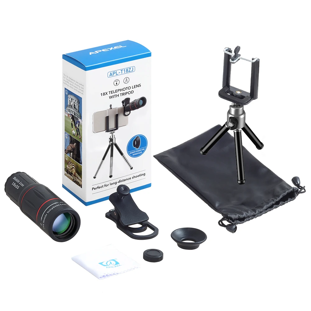 APEXEL-Objectif monoculaire 18x25 avec trépied pour téléphone portable, mini télescope, longue-vue, n\'aime, téléobjectif, camping, tourisme