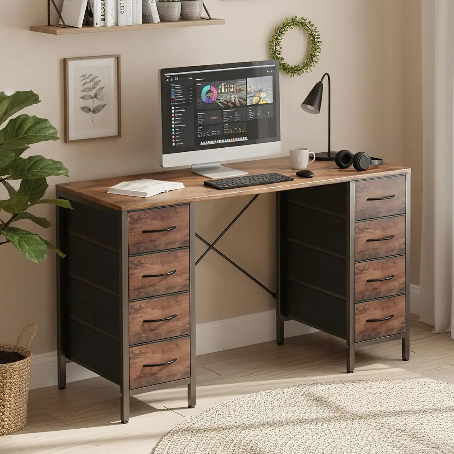 

Desk with 8 Fabric Storage Drawers, Computer Office 47 Inch Gaming Writing Study Table with X-Shaped Reinforced Structur