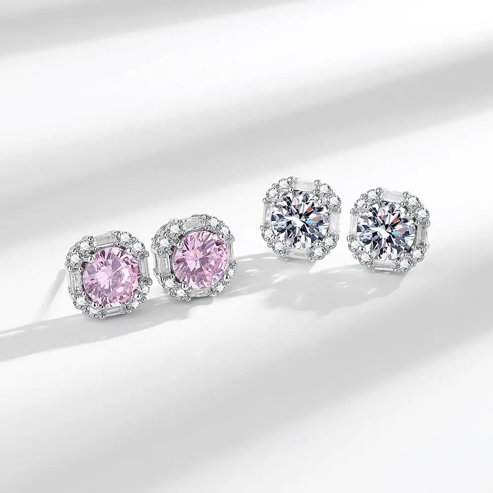 

Fashion Premium 2 Carat Pink Zircon 925 Sterling Silver Light Luxury Elegant Square Stud Earrings