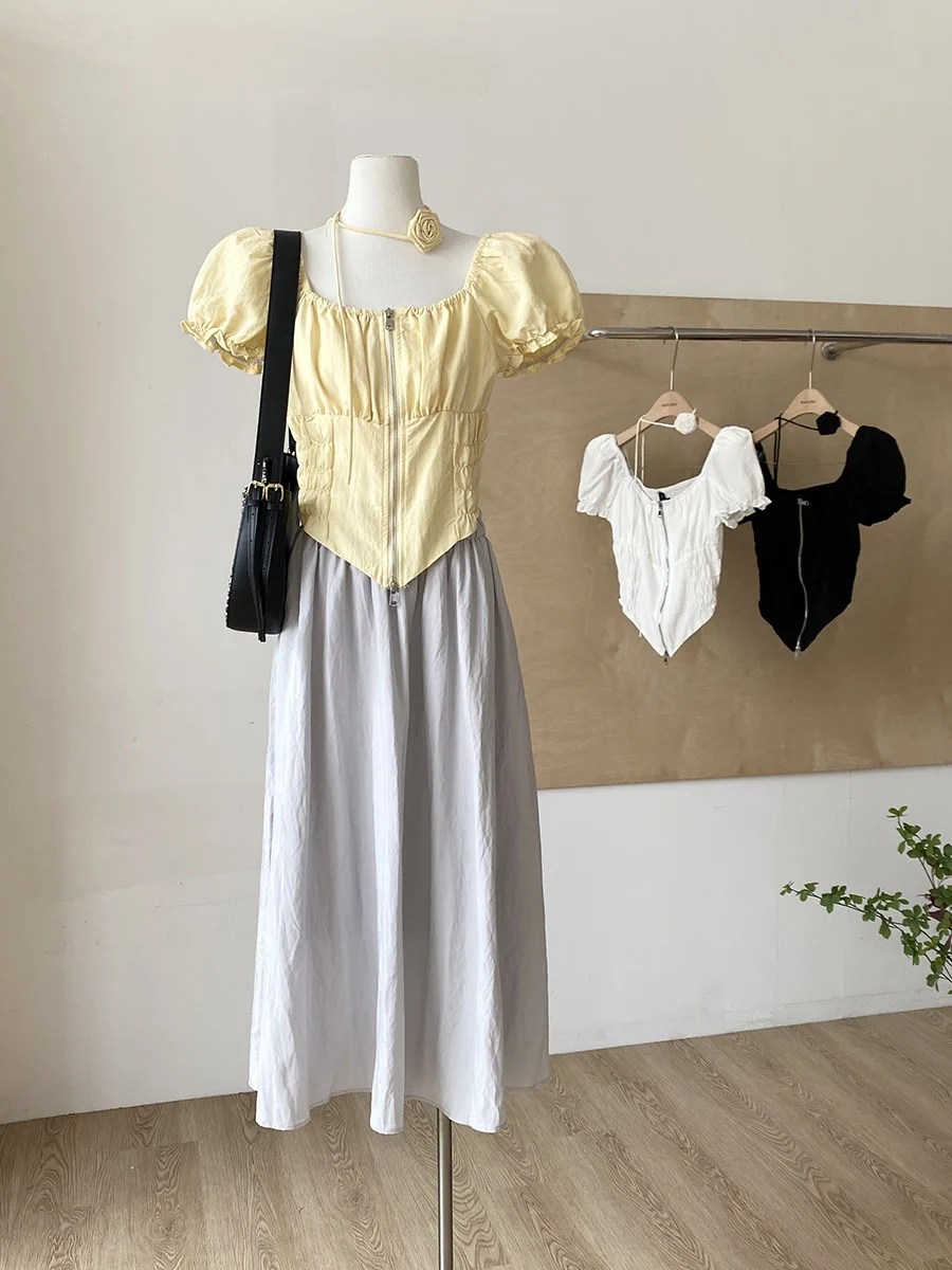 

Slimming Fit Summer 2025 Women's Shirt Fashionable Versatile Square Collar Bubble Sleeve Short Sleeve Zipper Double Head Wais...