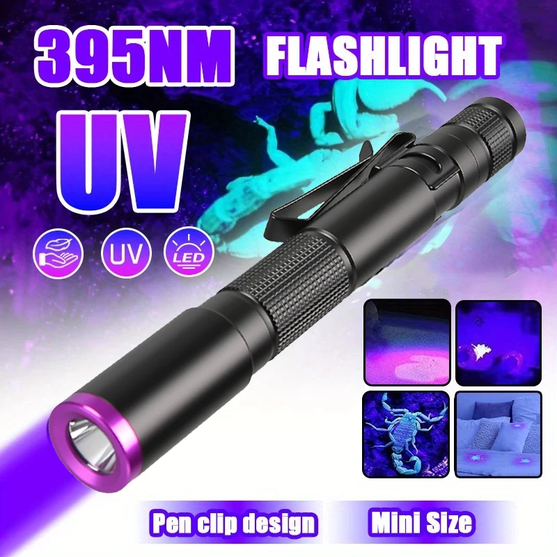 

395nm Led Lamp Mini Portable Ultraviolet Light Flashlight with Pen Clip Pet Urine Scorpion Detector UV Lamp Use AAA Batteries