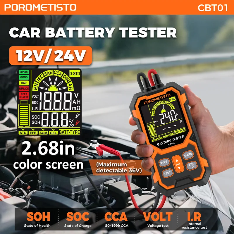

POROMETISTO CBT01 Тестер автомобильного мотоциклетного аккумулятора 12 В 24 В Анализатор свинцово-кислотного аккумулятора 1999 CCA Инструмент для тестирования зарядки автомобиля Moto Cranking
