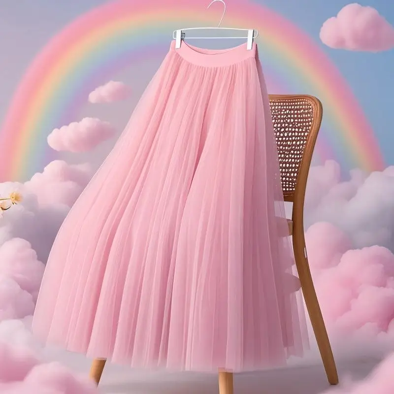 

Elegant Tulle Skirts For Women High Waist Mesh A Line Pleated Skirt Faldas Korean Fashion Solid Elastic Waist All Match Skirts