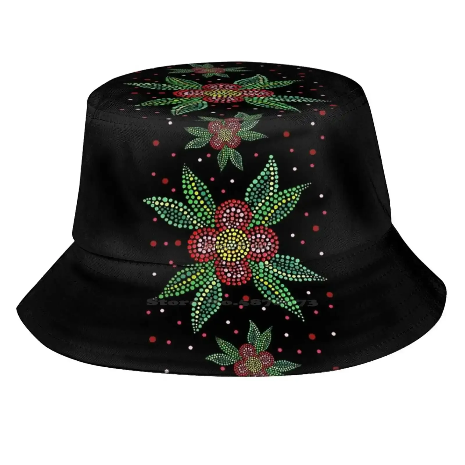 Celebration Blooms Fisherman's Hat Bucket Hats Caps Métis Metis Halfbreed Pointillism Beadwork Indigenous Red Green Floral