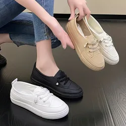 Women's Casual Shoes Solid Lace Up Sneakers PU Leather Vulcanized Shoes Ladies Lightweight Soft Sole Flat Shoes Slip on Loafers