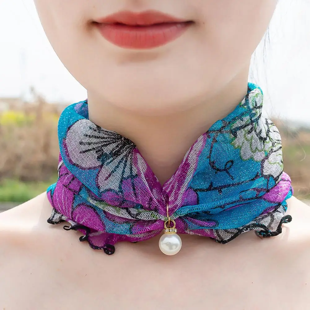 

Faux Pearl Scarf Women Sunscreen Neck Collar Faux Pearl Decor Organza Chiffon Scarf Printing Sheer Trim Loop Scarf Neck Accessor