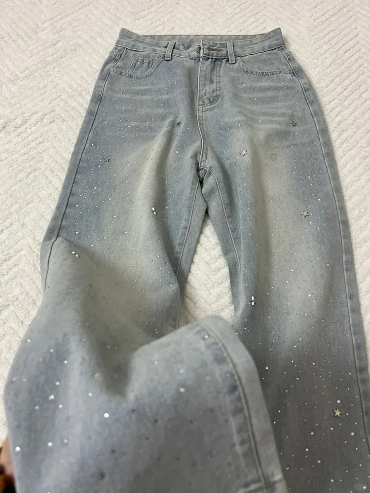 Light Blue Rhinestone Jeans 2025 New Women's High Waisted Wide Leg Pants Vintage Casual Shiny Straight Leg Denim Trousers