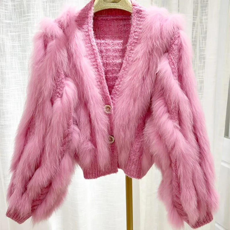 2022 Women Real Fox Fur Thick Oversize Loose Spring Fox Fur Strip Sewed Together Outside Decoration Lady's Fashion Sweater Coat