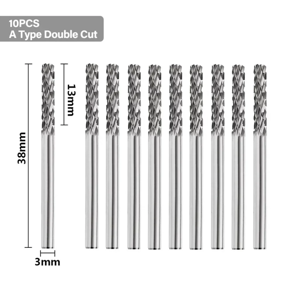 10pcs Carbide Rotary File Burring Bit 3mm Shank Tungsten Steel Milling Cutter For Cutting Polishing Rotary Tool Electric Grinder