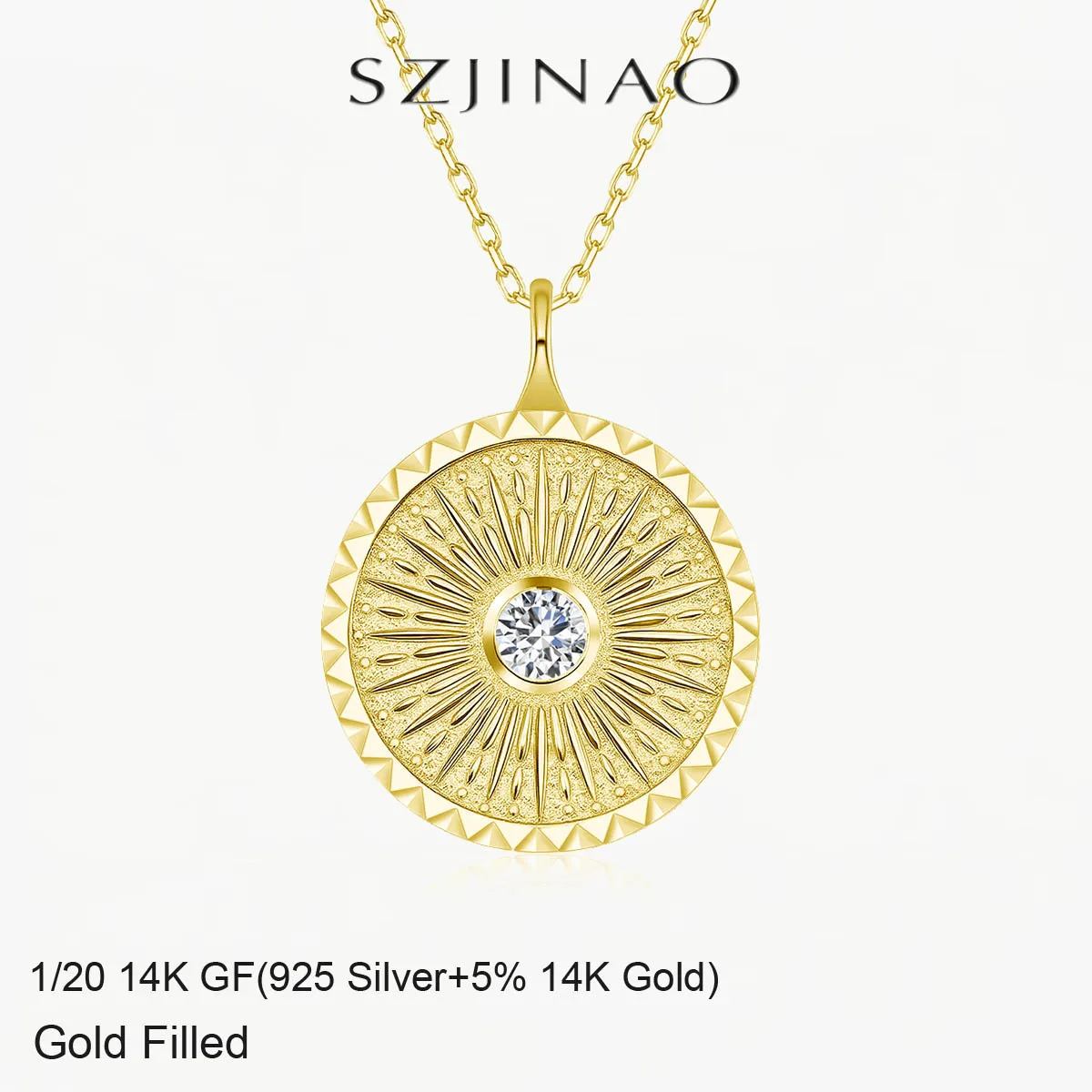 14K Gold Filled Sun Medallion Moissanite Necklace Retro Bohemian Statement Pendant Au585 for Women Holiday Gift Vintage Jewelry