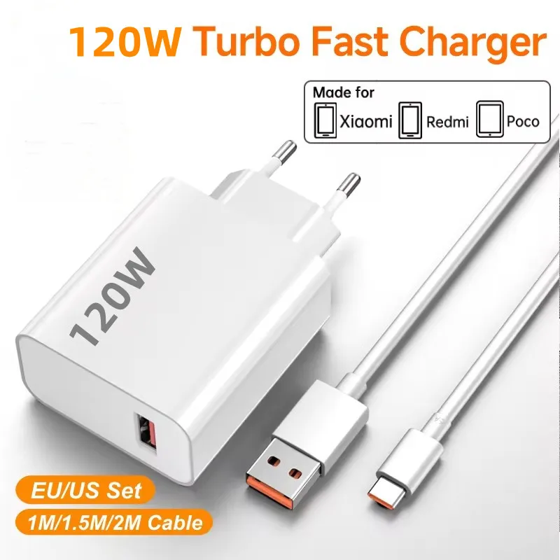 Carregador Ultra Rápido de 120W EU para Xiaomi 11 12 13 14 15 Ultra 17 Redmi Note 11 12 13 POCO X5 X6 Pro Cabo de Carregamento Turbo USB Tipo C