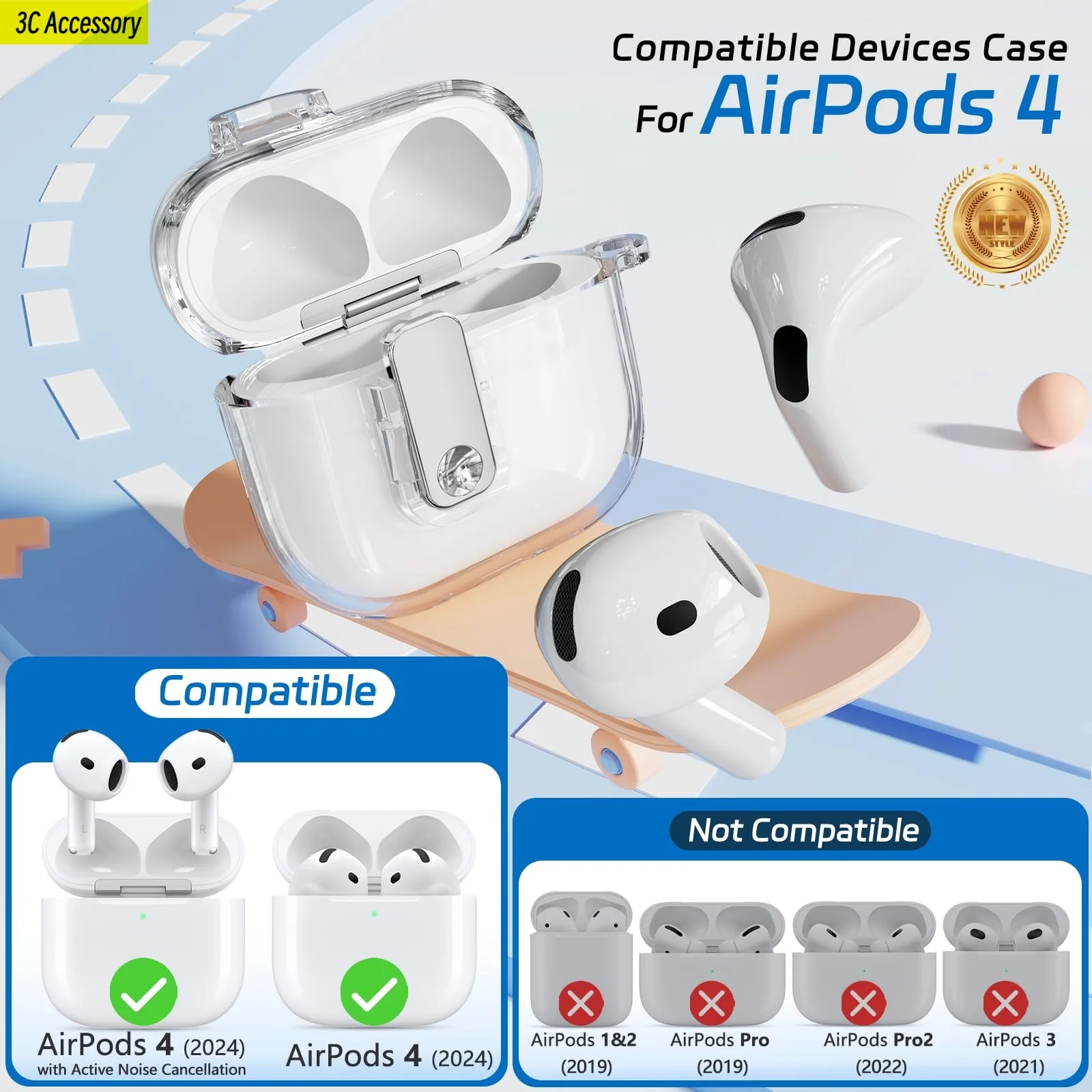 เคสสําหรับ apple airpod 4 หรูหรา Electroplated Silver พร้อม Safety Lock Clear Case ใช้งานร่วมกับ Apple Airpods 4 น่ารักสําหรับผู้หญิง