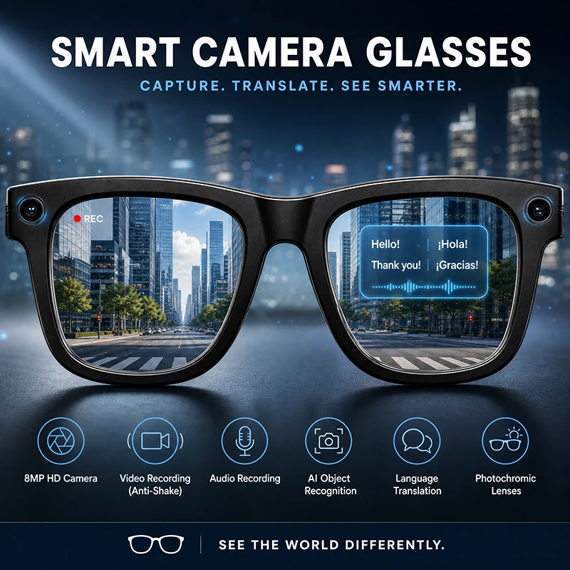2026 New AI Smart Camera Glasses 800W Pixel Anti-shake Camera Language Translation Video Recording Music Playback Call Glasses