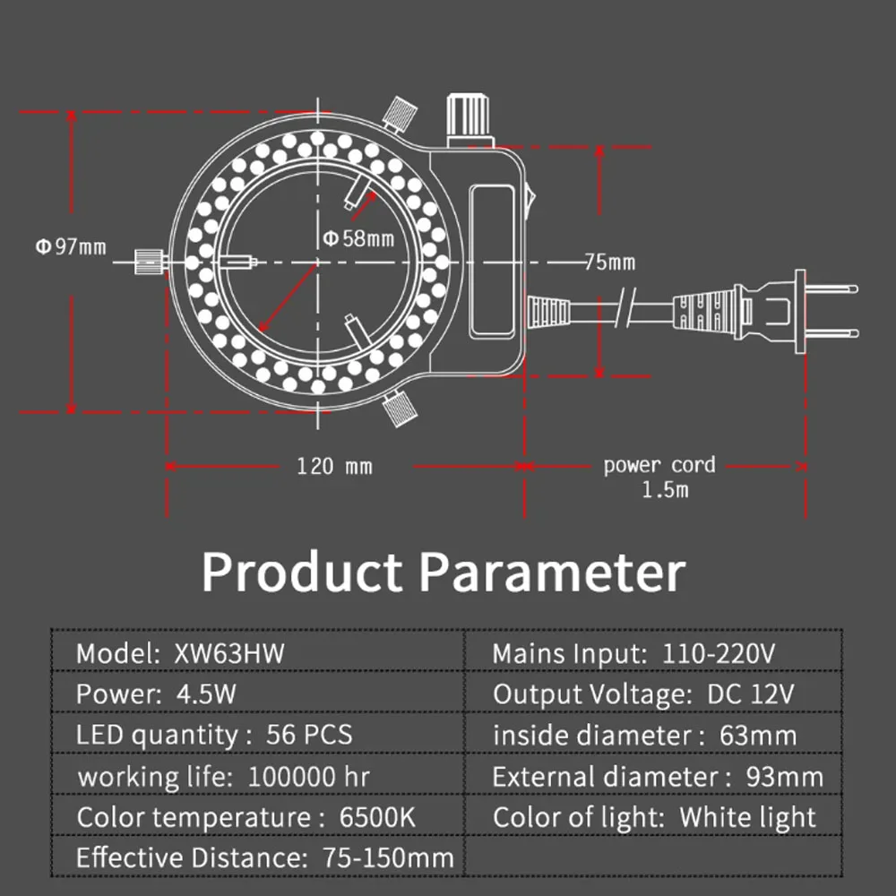 LED Ring Light Source Illuminator Lamp for Industrial Microscope Color Temperature is 6500K and The Brightness is Adjustable