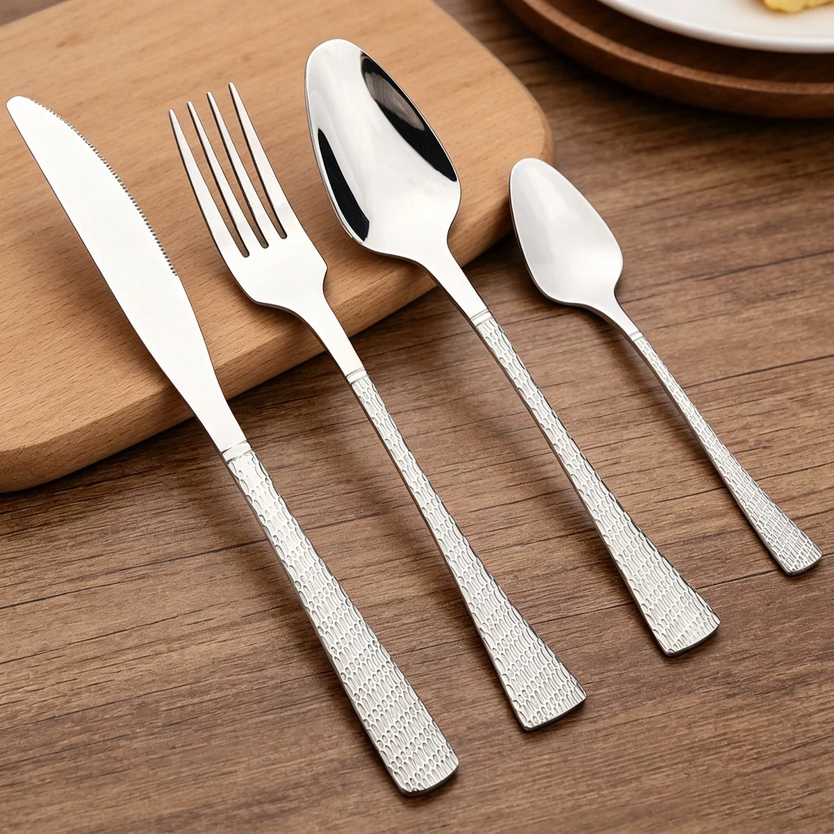 4pcs Mirror Stainless Steel Knife Fork Spoon Tableware Set Anti Slip Texture Handle Dinnerware Cutlery Kitchen Party Flatware