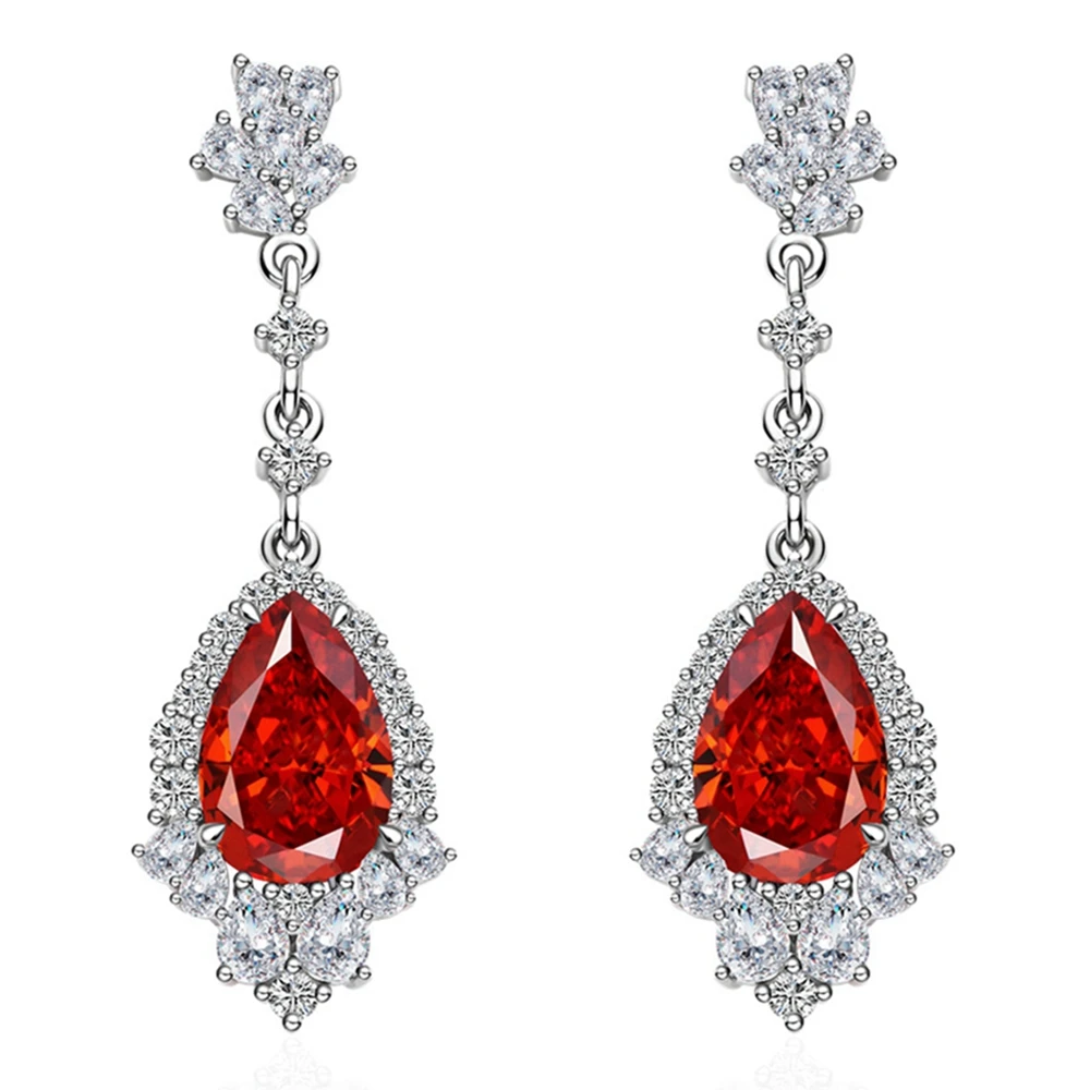 Wong Rain 925 Sterling Silver Pear Cut 8*12MM Emerald Padparadscha Gemstone Water Drop Dangle Earrings Anniversary Gifts Jewelry