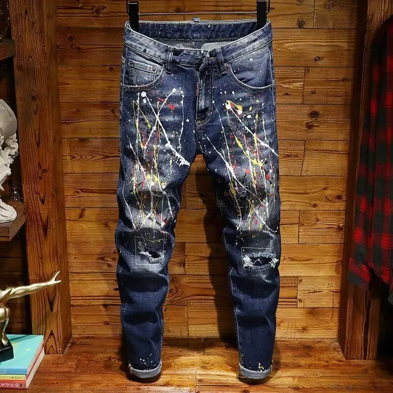 New 2025 Spring Autumn Luxury Clothing Slim Casual Pencil Pants Men's Jeans with Hole Patch Paint Denim Workwear Trousers