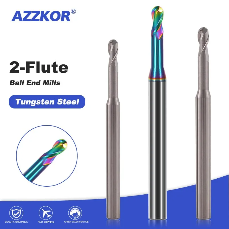 AZZKOR HRC55/60 Tungsten Steel Carbide 2-Flute Deep Groove Ball End Mill For Aluminum CNC Mechanical Processing Milling Cutter