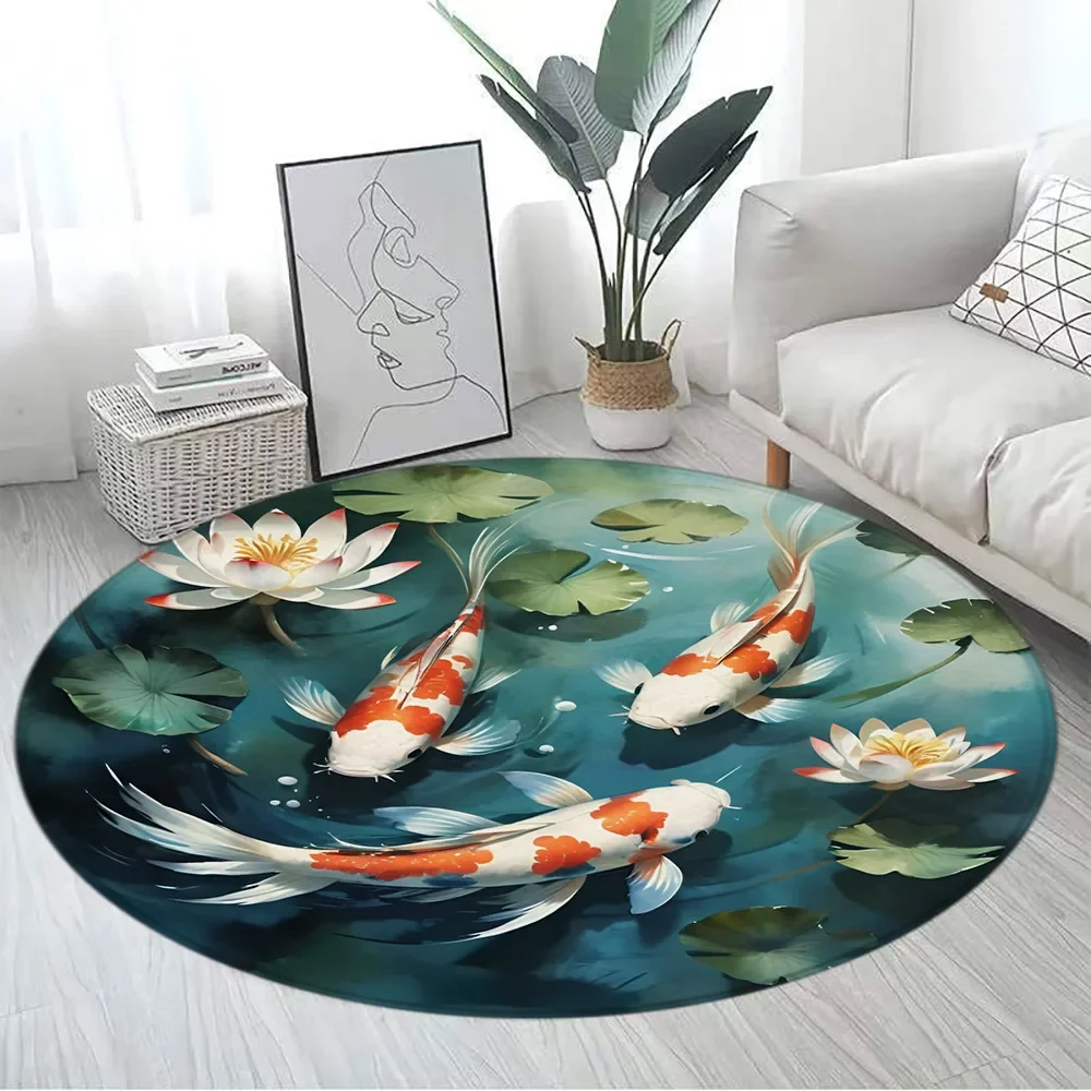 Japanese Style Round Carpet Mountain Cherry Blossom Koi Octopus Lotus Sea Waves Ink Art Living Room Home Decor Mats Floor Rugs