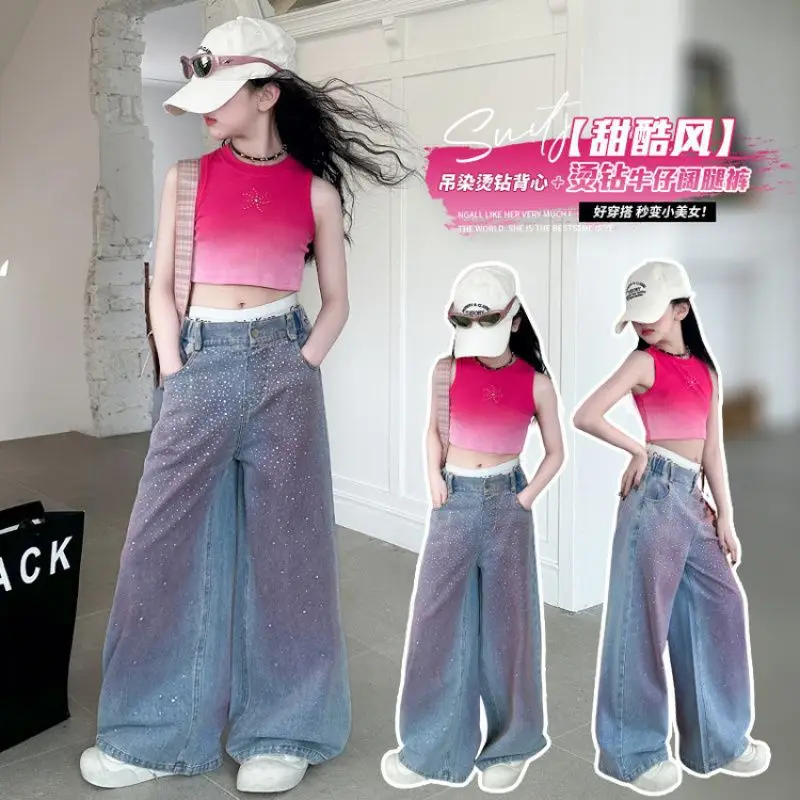 Teen Girls Jeans Spring Autumn New Hotfix Rhinestone Wide-leg Denim Pants For 5 6 8 10 12 14 Years Girls Fashion Trousers