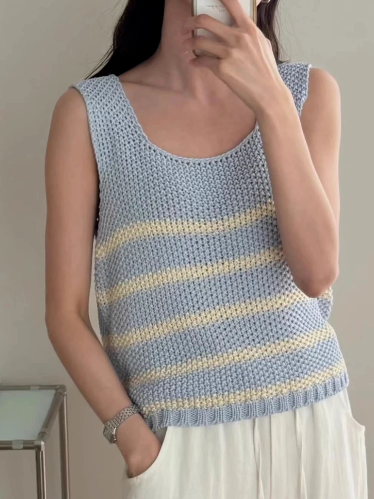 Patchwork Striped Knitted Vest Women Summer Vintage Sleeveless Crop Tops Korean Chic Casual Versatile Sweater Pullover