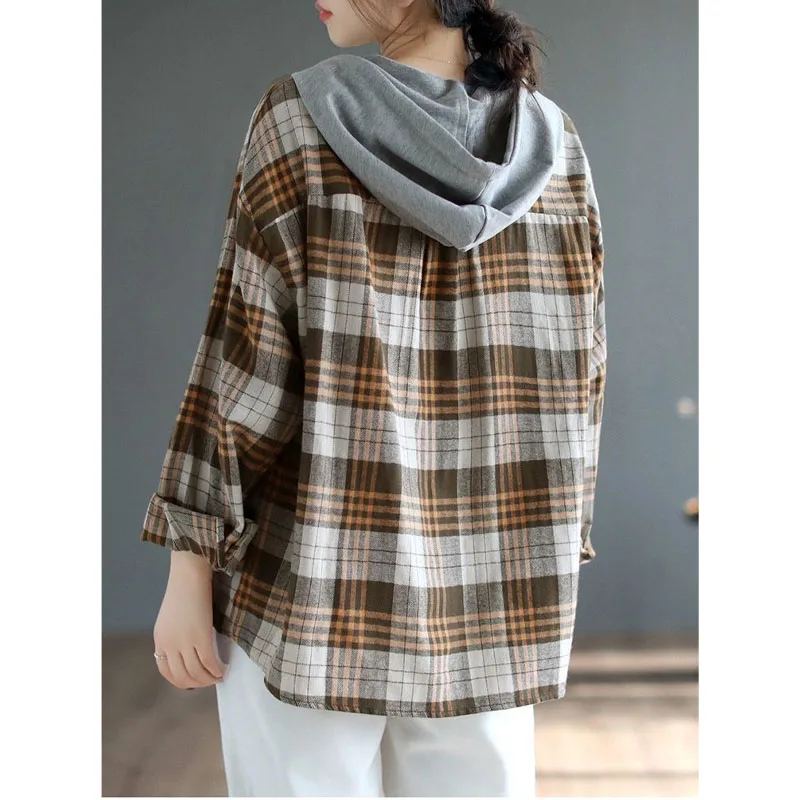 Women\'s Clothing 2023 Autumn and Winter New Splice Buttons Drawstring Long Sleeved Plaid Commuting Versatile Temperament Hoodie