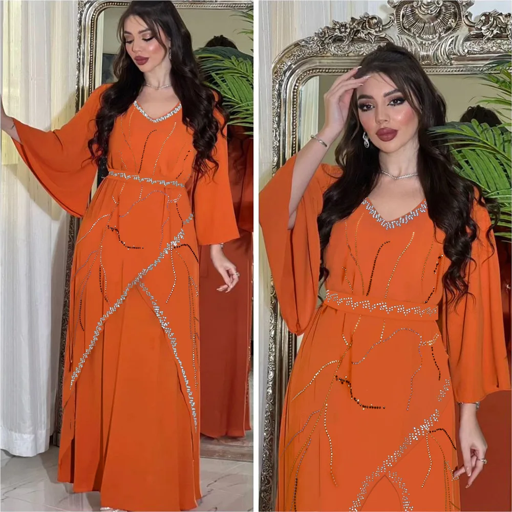 

Xqy500235 Robe, Lady Clothes-embellished Chiffon Dress With Belt Muslim Long Dress Robe Abaya Ramadan Dubai Luxury Islam Elegant