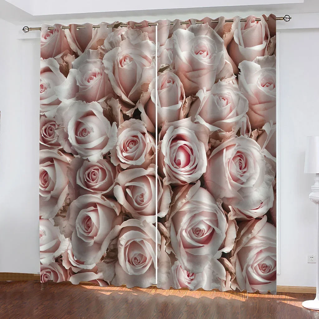

HUANZHUANG Curtains For Bedroom Pink Rose Flower Pattern Blackout Print Thermal Insulated Eyelet Curtains For Living Room Darken